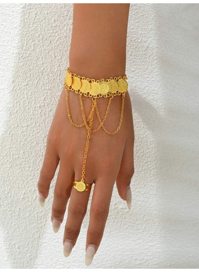 Saudi Founding Day Hand Bracelet with Ring – Multi-Layer Gold Coin Chain Accessory, Elegant Heritage Look for Events - Image 4